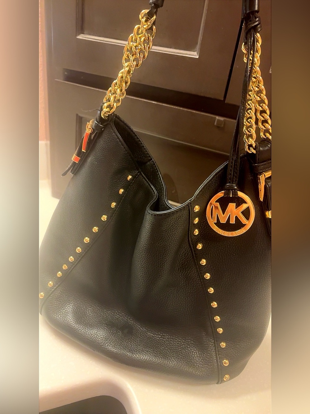 Michael Kors Black Leather Shoulder Bag with Gold Accents